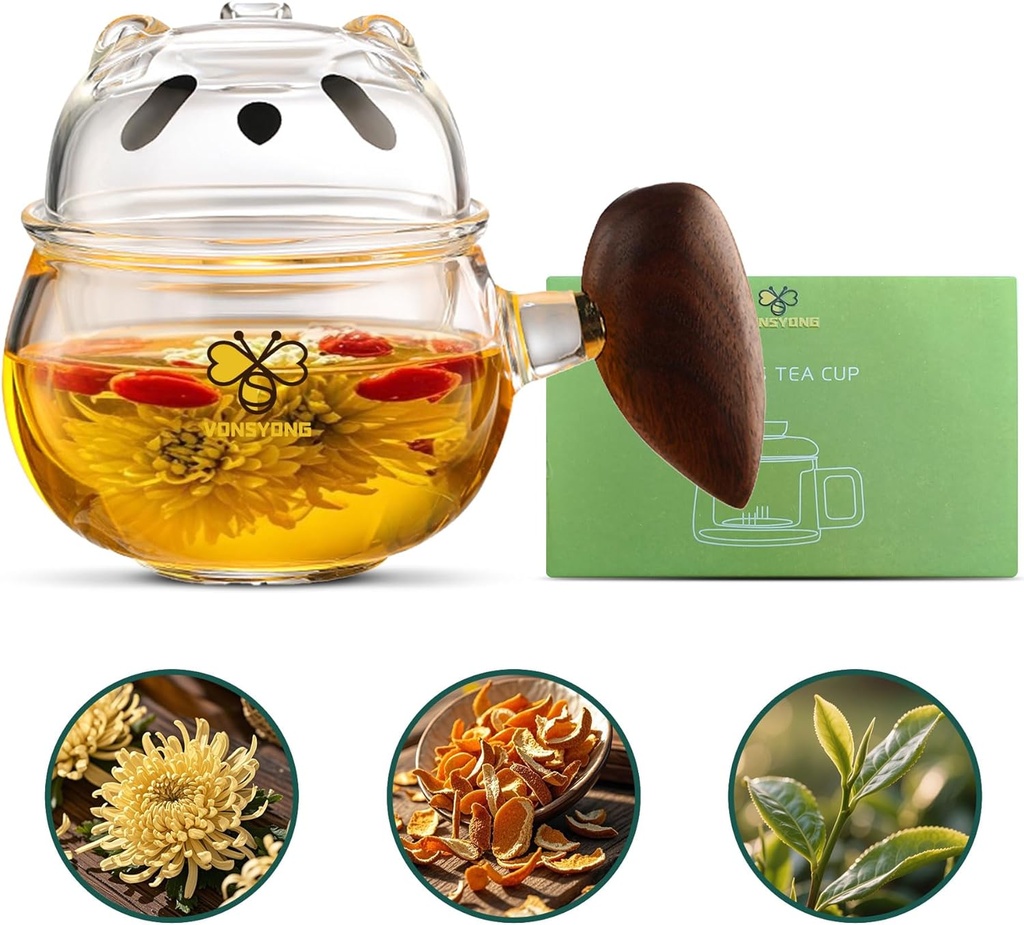 Novelty Panda Glass Teacup with Infuser and Lid, Steeping Mug with Removable Strainer and Lid for Loose Leaf Tea and Coffee, Borosilicate Glass Mug for Blooming Tea (260ml/9.1 fl oz,Clear)