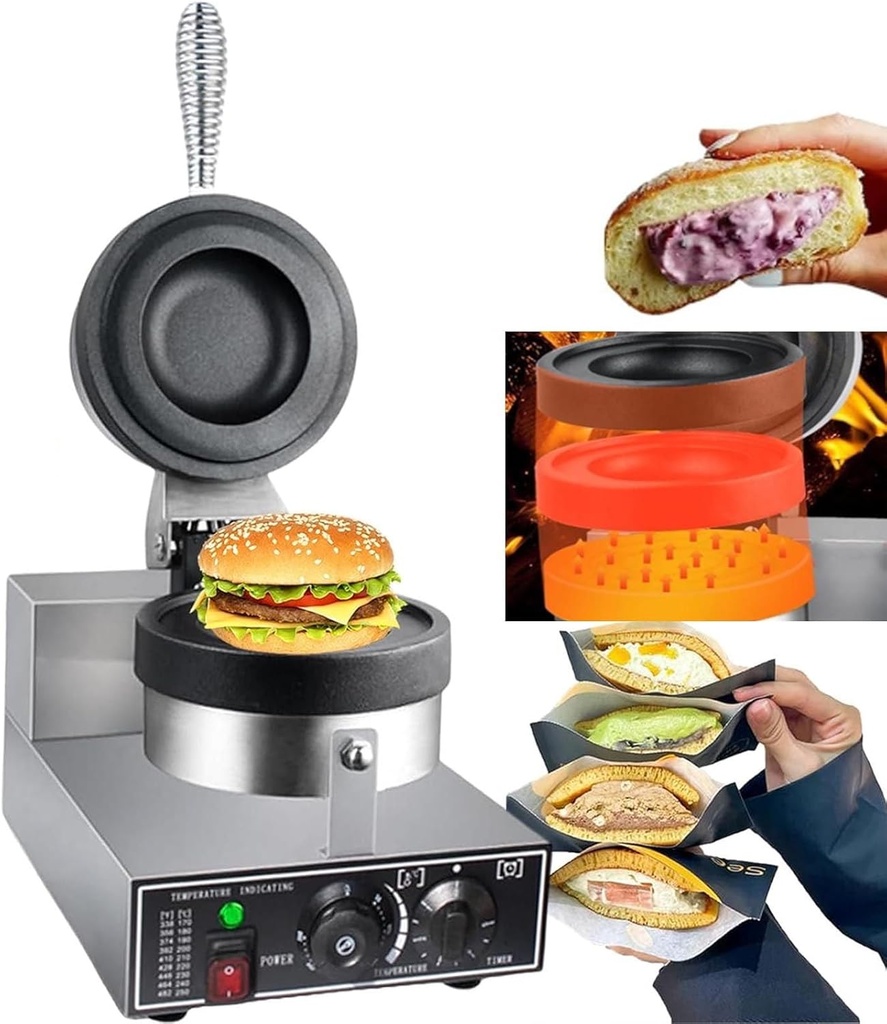 Ice Cream Burger Maker,Stainless Steel Ice Cream Filling Waffle Maker, 1300w Hamburger Waffle Maker Sandwich Press With Timing,Non Coated,For Household Or Commercial,Silver