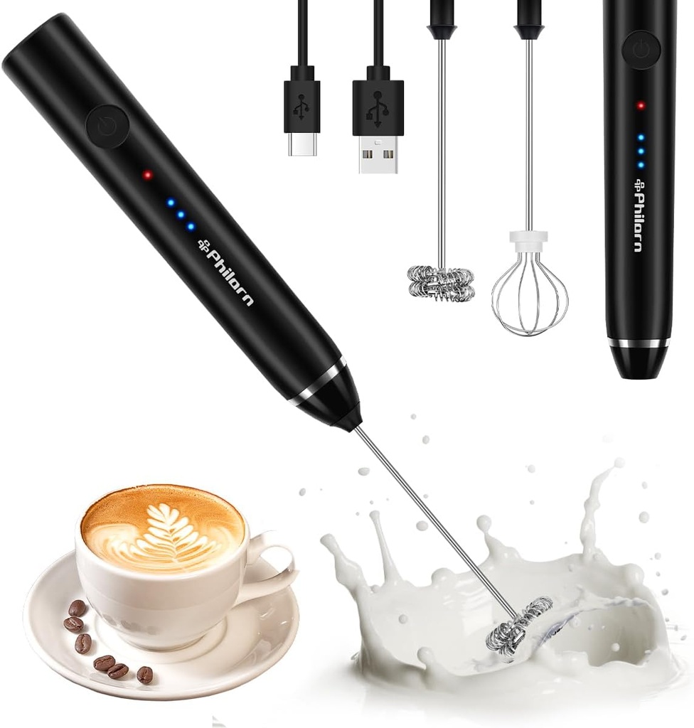 Philorn Milk Frother Wand Handheld Rechargeable Electric Whisk Coffee Drink Mixer, Mini Foamer for Lattes, Cappuccino, Frappe, Matcha, Hot Chocolate, Protein Powder, Keto Diet (Black)
