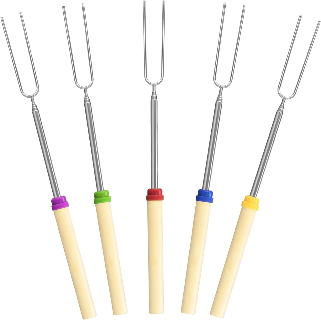 5 Pack Marshmallow Roasting Sticks Set, Extendable 32in Long Metal Barbecue Skewers with Wooden Handle, for Marshmallow, Hot Dogs, Camping, BBQ, Grill
