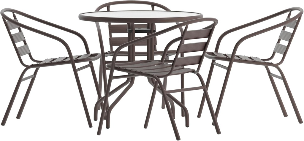 Flash Furniture TLH-072RD-017CBZ4-GG Lila 31.5'' Round Glass Table with 4 Metal Aluminum Slat Stack Chairs, Bronze