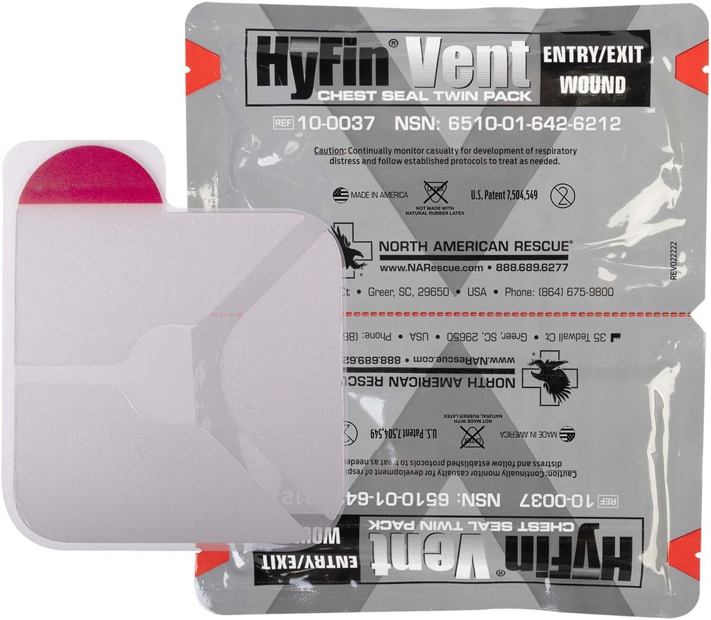 North American Rescue HyFin Vent Chest Seal (Twin Pack) NAR Vented Wound Chest Seals for Trauma, Wounds (10-0037)