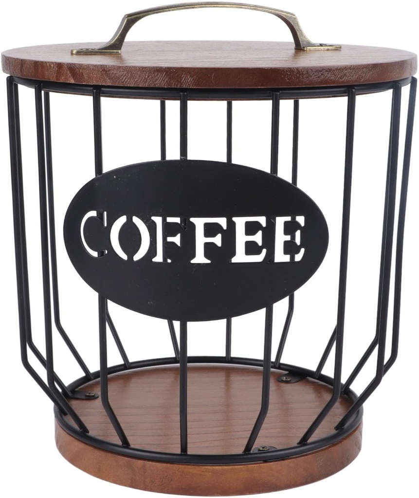 Coffee Filter Holder for Counter with Wooden Lid, Rustic Large Coffee Filter Holder Storage Container Basket Round Coffee Pod Holde (0291 C Black)