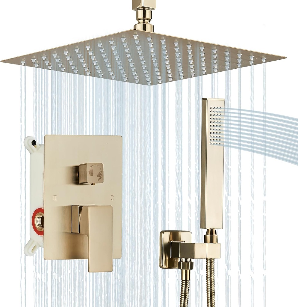 Shower Faucet Set Rain Shower System with 12 Inches Rain Shower Head and Handheld Spray, Bathroom Shower Fixtures Brushed Gold Shower Kit with Brass Valve,Ceiling Mounted