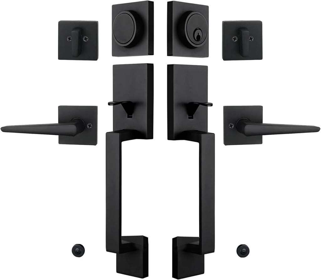 Iron Black Double Door Handle Set for Front Entry Doors, Halifax Keyed & Dummy Handleset with Square Deadbolt and Lever, Reversible for Left&Right Handed
