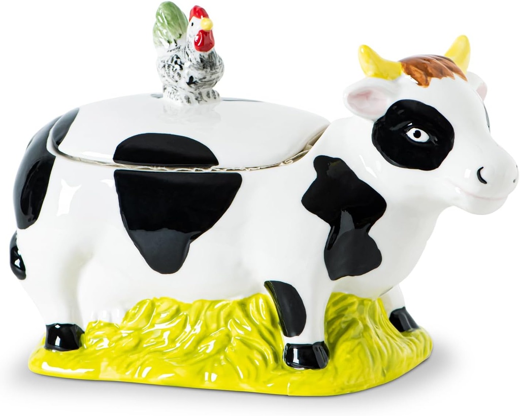 Whimsical Cow and Rooster Ceramic Cookie Jar,Ceramic Candy Jar With Lid,Airtight Food Storage Container for Kitchen Counter,Decorative Canister for Candy,Cookies,Flour,Unique Housewarming Gift Idea
