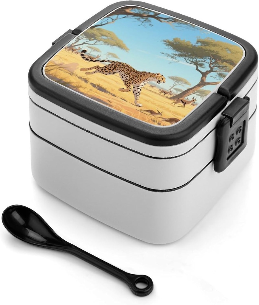 Cheetahs on The Grasslands Bento Box Double Layer Lunch Box for Adults with Spoon And Handle Bento Boxes Leakproof One-piece Stackable Lunchbox for Work Picnics And Travel