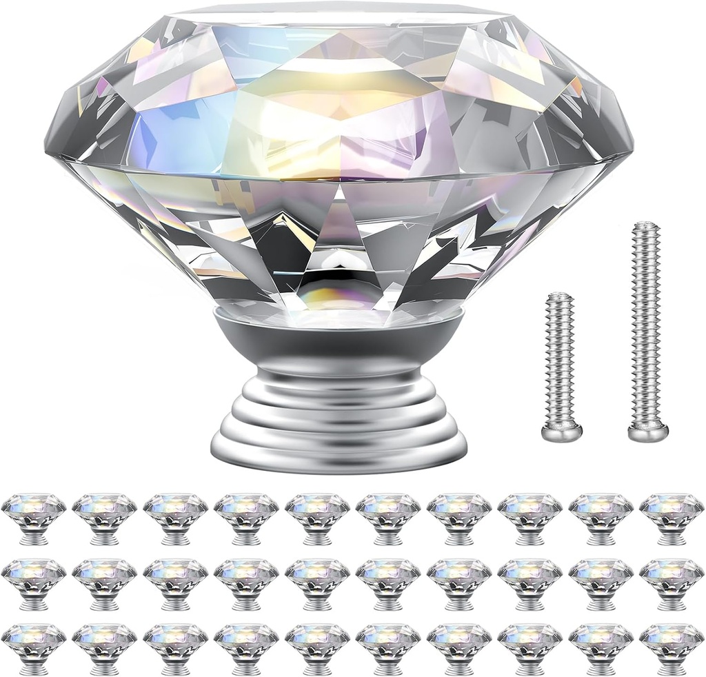 POZEAN Crystal Cabinet Knobs 30Pack, 1.57inch Dresser Knobs for Cabinet, Drawer with Two Different Sizes Screws, Diamond Glass Pulls Handles (40mm, 30Pack, Clear-Silver)