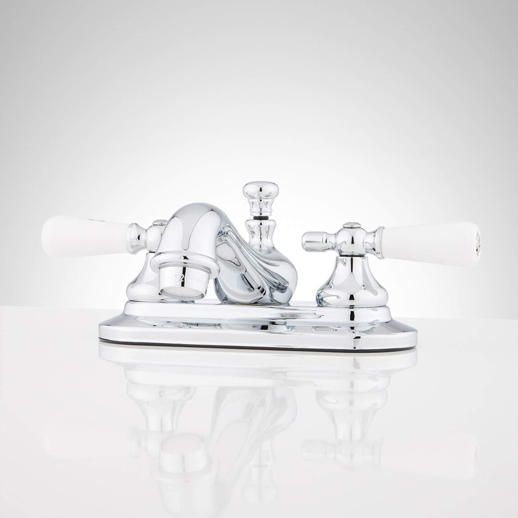 Signature Hardware 338783 Teapot Centerset Bathroom Faucet with Small Porcelain Lever Handles and Pop-Up Drain Assembly
