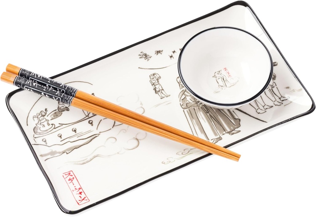 Silver Buffalo Star Wars Watercolor Japanese Art Featuring Jabba the Hutt, Darth Vader, Stormtroopers Ceramic Sushi Set with Dipping Sauce Dish and Matching Chopsticks