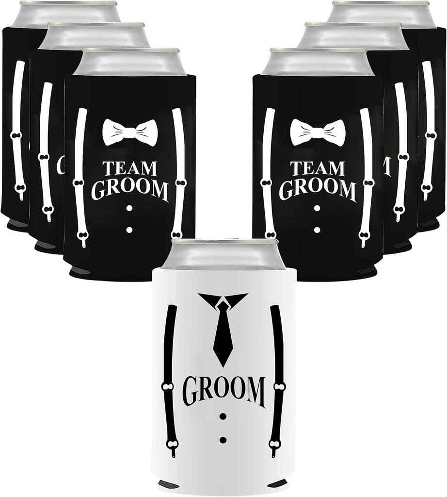 LADY & HOME Set of 7 Groom and Groomsmen Can Coolers, Groomsmen Proposal Can Sleeve Favors for Bachelor Party & Wedding Party (Overalls-Team Groom)