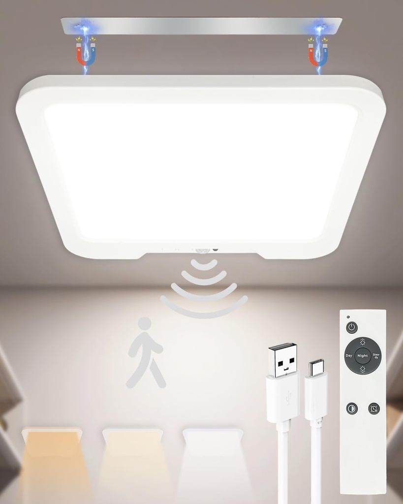 Rechargeable Motion Sensor Ceiling Light with Remote, Dimmable Magnetic Mount Closet Light, 7000mAh Battery Operated LED Shower Light, 3 Color Temperatures for Bathroom, Stairs, Hallway, Garage,Pantry