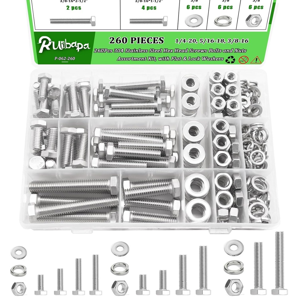 260Pcs Stainless Steel Hex Head Screws Bolts and Nuts Assortment Kit, with Flat & Lock Washers,1/4-20, 5/16-18, 3/8-16 Assorted Hex Bolts Nuts and Washers Set, 18-8(304) Full Thread with Case