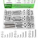 260Pcs Stainless Steel Hex Head Screws Bolts and Nuts Assortment Kit, with Flat & Lock Washers,1/4-20, 5/16-18, 3/8-16 Assorted Hex Bolts Nuts and Washers Set, 18-8(304) Full Thread with Case