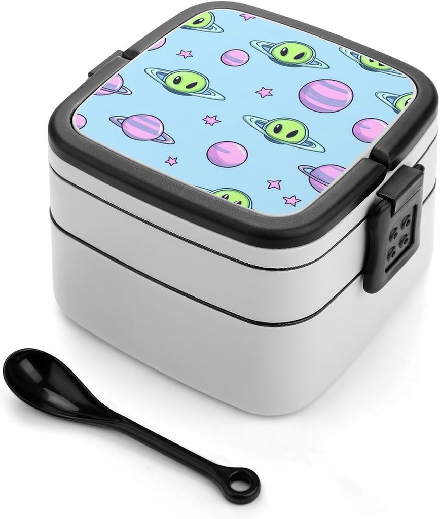 Cartoon Planet Aliens Spaceships Portable Bento Box with Handle 2 Compartment Leak-Proof Stackable Lunch Box for Work Picnic Camping