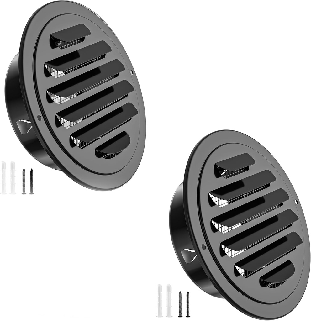 HG Power 4 Inch Black Stainless Steel Soffit Vent Cover - Round Exhaust Vent with Mesh Screen for Indoor/Outdoor Use in Homes, Offices, Factories (2-Pack, Hardware Not Included)