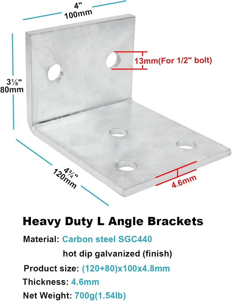 heneng 2 Pcs 4" Wide L Shaped Right Angle Bracket, Heavy Duty Concrete Anchor Bracket for Dock, Construction Concrete Foundation, 3/16" Thick