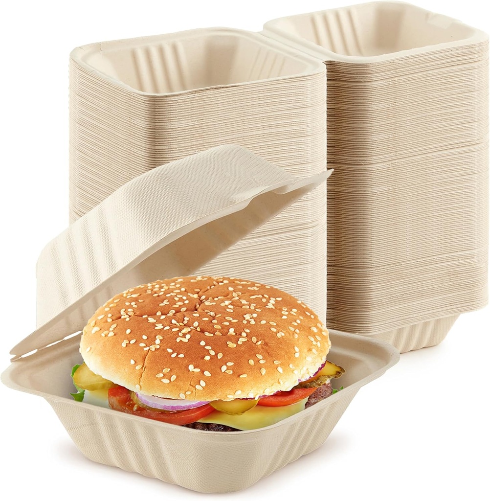 Clamshell Take Out Food Containers 6" x 6” (50 Pack) 1-Compartment, Disposable To Go Container, Togo Boxes With Lids, Trays for Lunch, Dinner, Meal-Prep, Eco Friendly, Compostable, Biodegradable