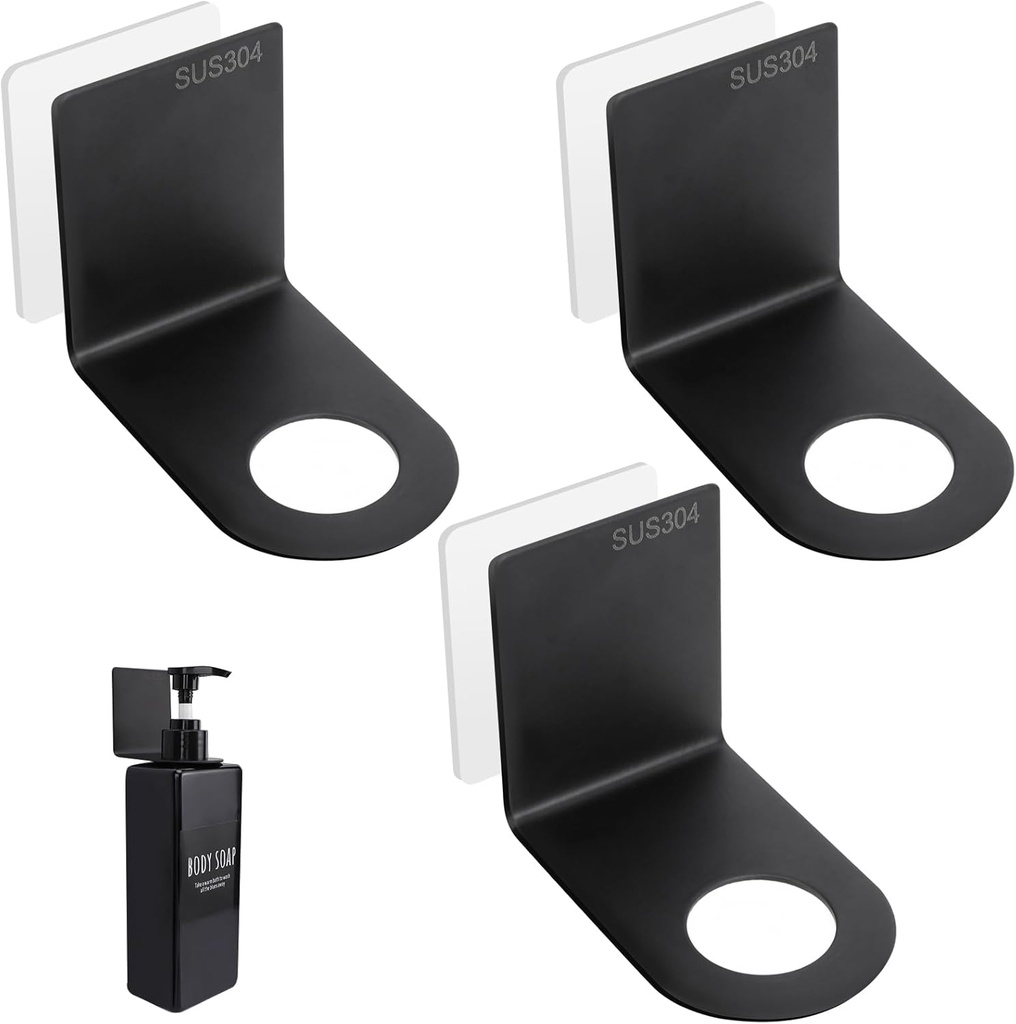 Segbeauty Adhesive Bottle Holder for Soap Dispenser, 3pcs 1.1inch 2.8cm Drill-Free Shower Shampoo Holder, Stainless Wall Mounted Hanging Rack for Hotel Toilet Kitchen, Black
