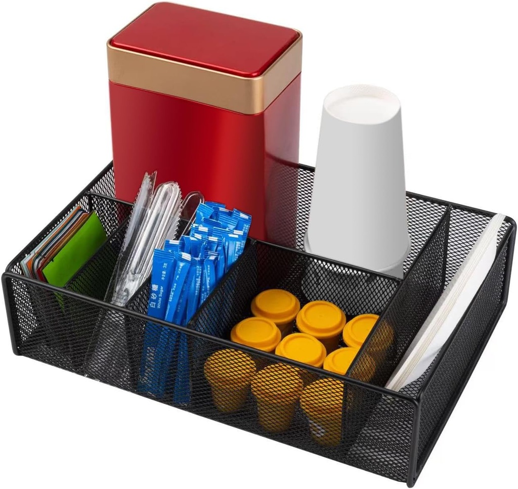 Coffee Bar Organizer for Countertop, Black Metal -6 Compartments Coffee Station Organizer for Tea,Cups, Syrup,Spoons