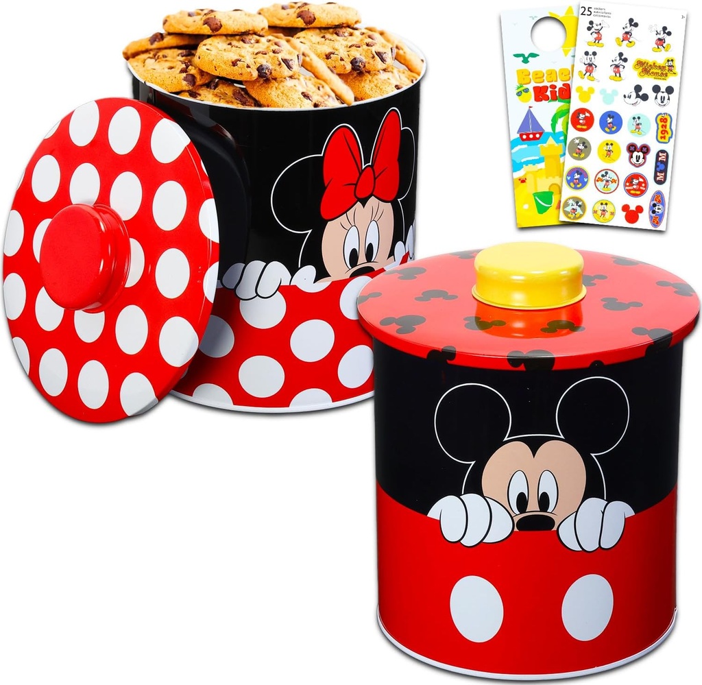 Disney Mickey and Minnie Cookie Jar Set - Bundle with 2 Mickey Mouse and Minnie Mouse Tin Canister Jars with Lids for Snacks, Cookies, Bathroom Essentials, More Plus Stickers Kitchen Accessories