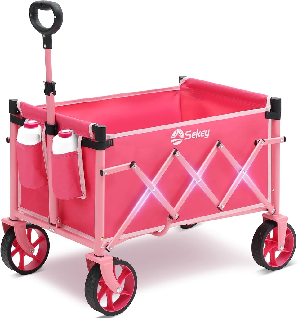 Sekey Wagon Cart with Wheels with 220LBS Capacity,Heavy Duty Wagon Carts Foldable with Drink Holders,Lightweight Utility Portable Cart for Grocery, Shopping, Garden, Camping. Pink