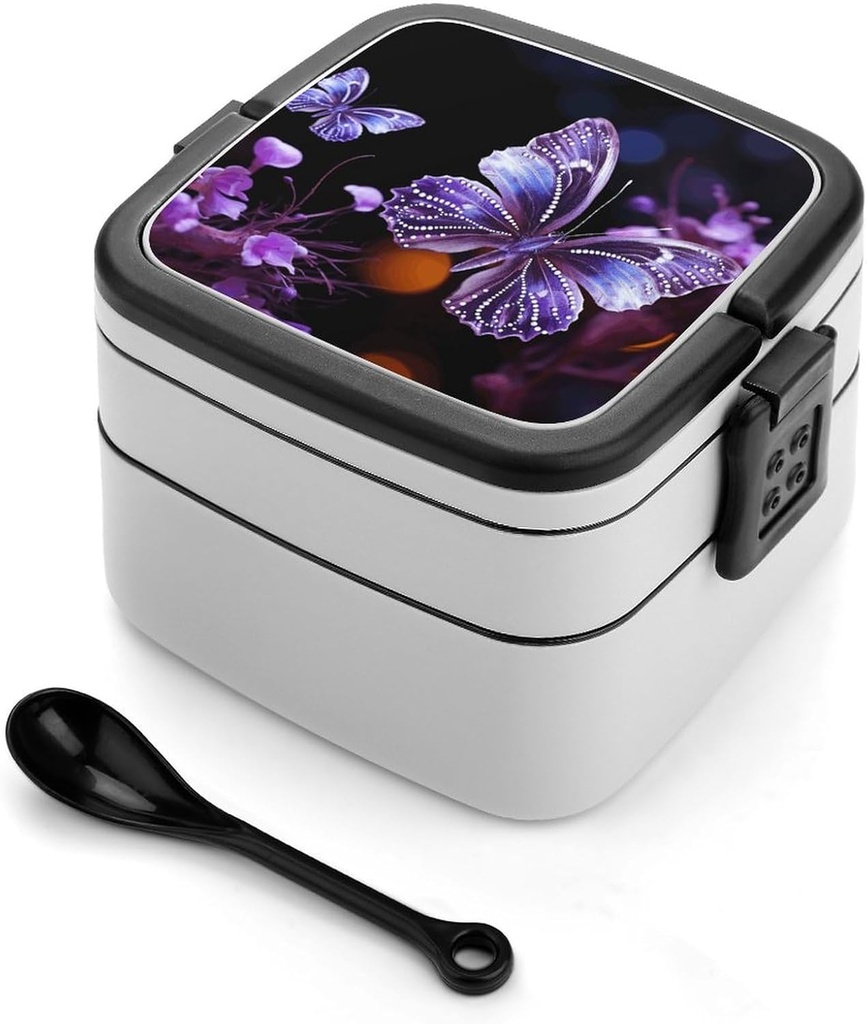 Beautiful Purple Butterfly Bento Box Adult Lunch Box All-in-One Lunch Containers with Removable Compartments Double Layer Bento Lunch Box with Spoon And Handle Stackable Lunchbox