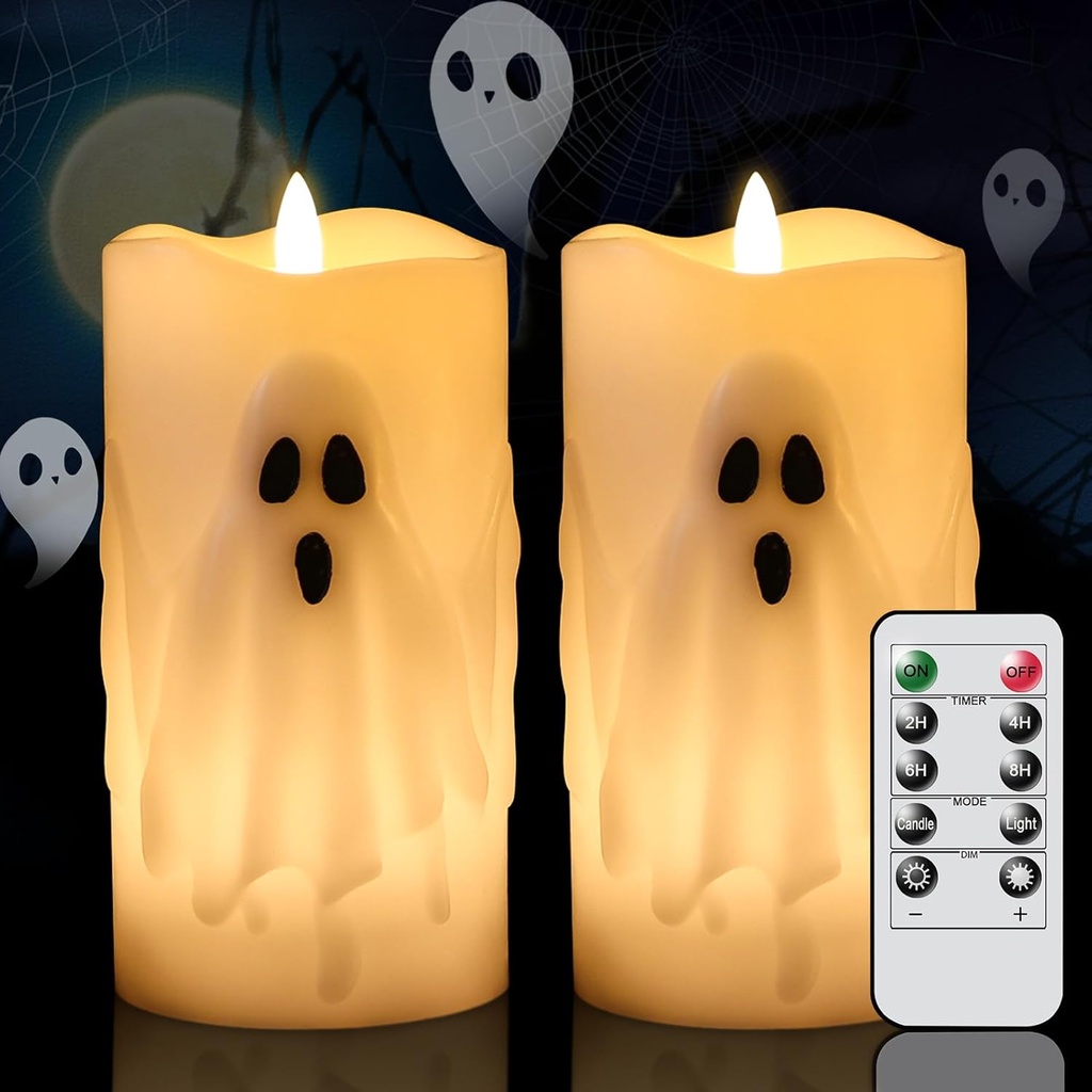 Halloween Ghost Flameless Pillar Candles with Remote Timer, Battery Operated LED Candles for Halloween Decorations Indoor Halloween Home Decor Gifts (2 Pack, 3” x 6.5”)