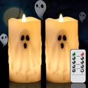 Halloween Ghost Flameless Pillar Candles with Remote Timer, Battery Operated LED Candles for Halloween Decorations Indoor Halloween Home Decor Gifts (2 Pack, 3” x 6.5”)