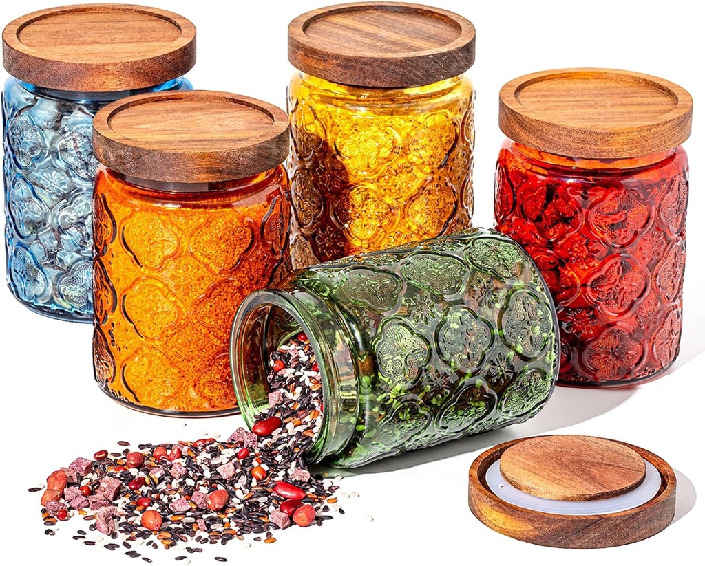 Outus 5 Pcs 23.7oz Vintage Glass Jar with Lids Colored Glass Canisters Jars with Airtight Wooden Lids for Kitchen Counter Flour Sugar Cookie Coffee Tea Storage Containers