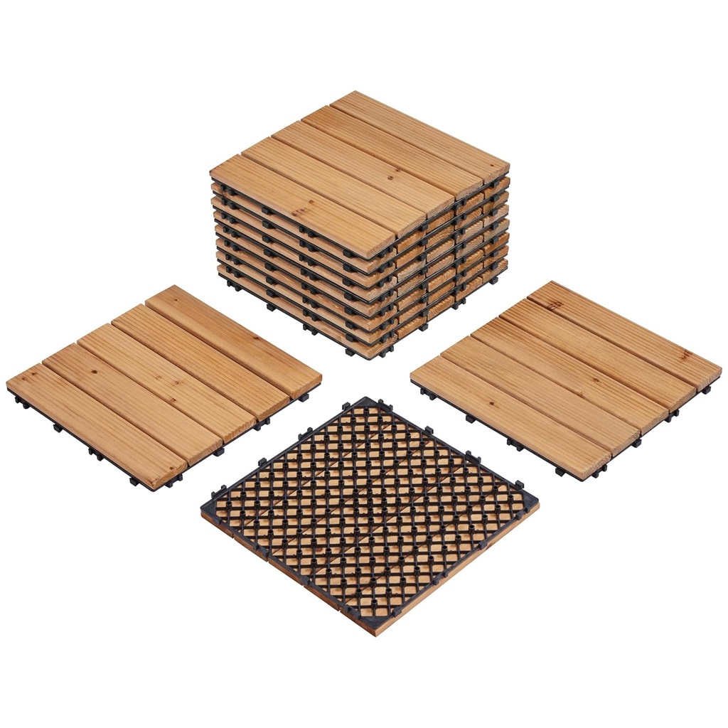 Yaheetech 11pcs Patio Deck Tiles 12 x 12in Interlocking Wood Floor Tiles Indoor & Outdoor for Patio Garden Deck Poolside, Natural Wood