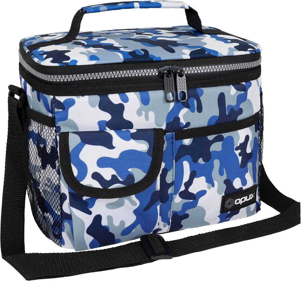 opux Insulated Lunch Bag for Men Women, Leakproof Camo Blue Lunch Box for Work, Portable Soft Lunch Cooler Bag with Shoulder Strap, Adult Lunchbox Lunch Pail for Kid Boy Girl School, 14 Can/8L