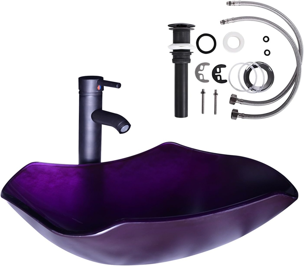 Oval Glass Vessel Sink, 21.5 inch Bathroom Bowl with Oil Rubbed Bronze Faucet, Pop-Up Drain, Installation Kit (violet)