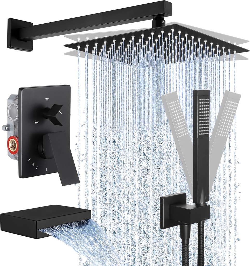 KES Shower System with Tub Spout, Matte Black Shower Faucet Set Complete 10 Inch Rain Shower Head with Handheld Spray and Waterfall Bathtub, cUPC Pressure Balance Shower Valve Trim Kit, XB6305F18-BK