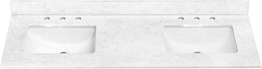60 in.W x 22 in.D Bathroom Vanity Sink Top, White Engineered Stone Bathroom Vanity Top with Undermount Double Sink, Vanity Countertop with Pre-Drilled 3 Faucet Holes and Backsplash