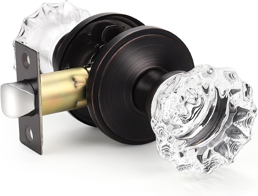 KNOBWELL 3 Pack Providence Round Crystal Glass Door Knob Set with Victorian Plate Rosettes in Oil Rubbed Bronze (Passage Hall/Closet)