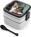 A Curious Cat Bento Box Adult Lunch Box All-in-One Lunch Containers with Removable Compartments Double Layer Bento Lunch Box with Spoon And Handle Stackable Lunchbox