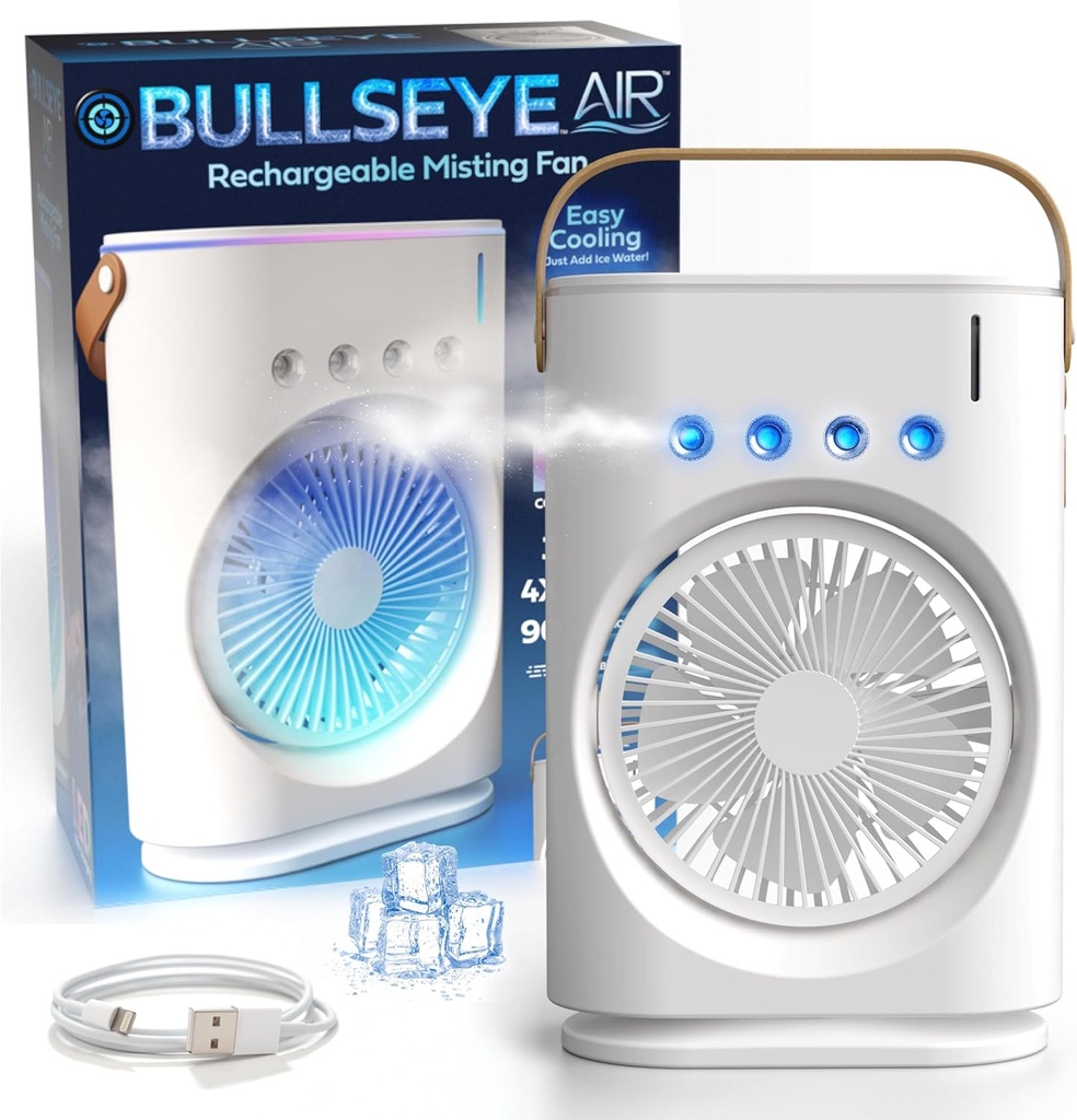 BULLSEYE AIR Portable Air Conditioner, Portable Personal Rechargeable Misting Fan Evaporative Air Cooler, Ac Cooling Fans that Blows Cold Air with Ice Perfect for Car, Bedroom, Camping, Travel