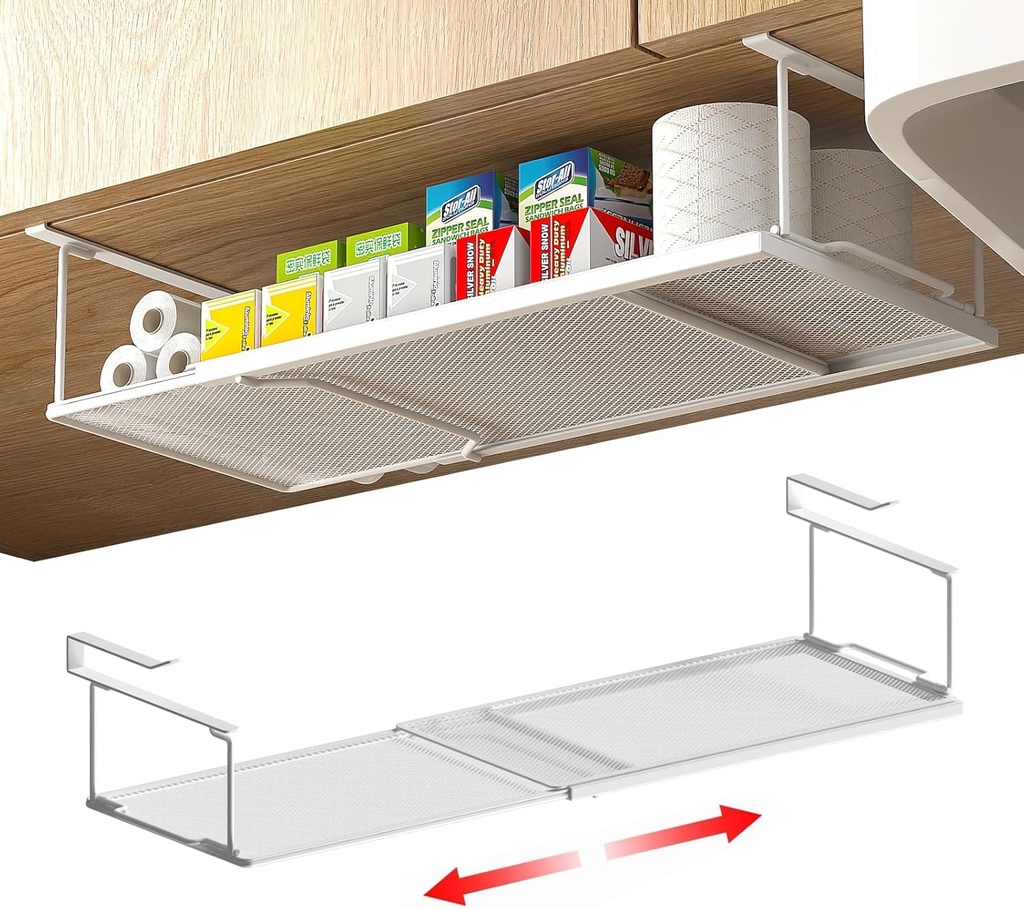 Hanging Under Shelf Storage Basket Organizer 2 Pack, Expandable Under Cabinet Metal Wire Shelf Rack for Kitchen Pantry Cupboard Desk, Space Saving Organizer for Counter, Bookshelf, and Home Storage
