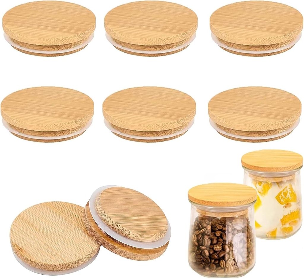Oui Yogurt Jar Lids - 8 Reusable Bamboo Wood Lids with Airtight Silicone Sealing Ring for 5oz Oui Yogurt Jars