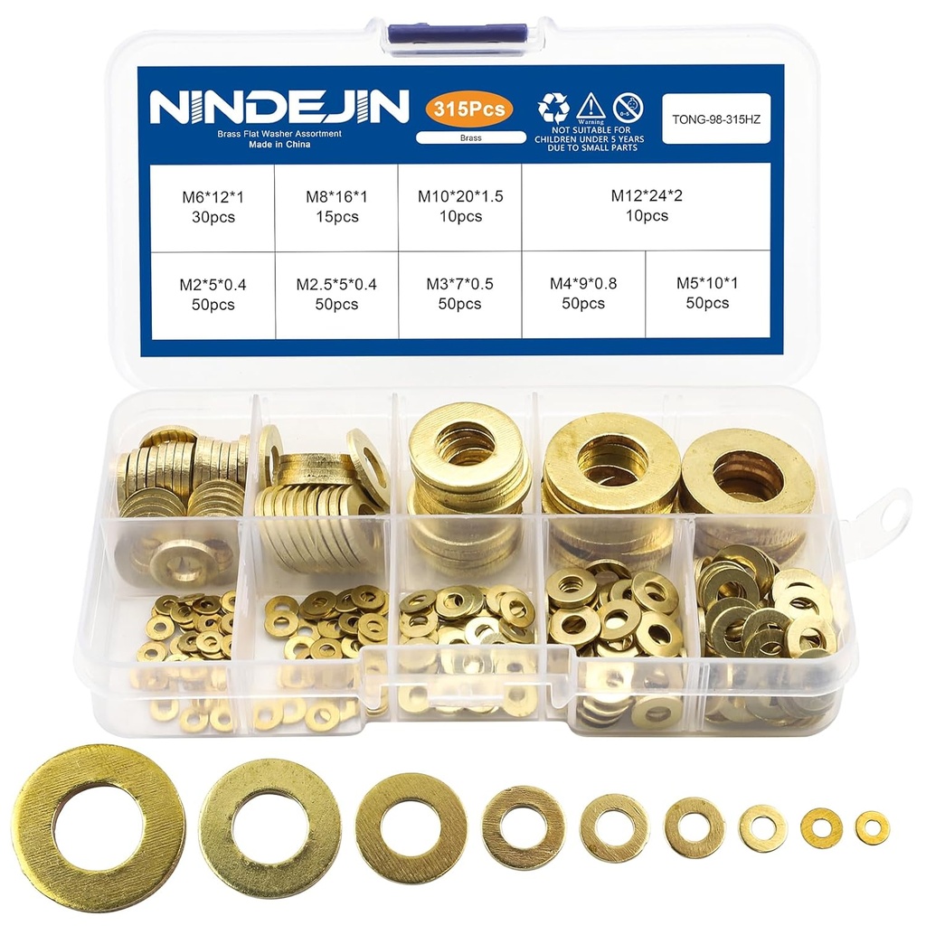 NINDEJIN 315 Pieces Brass Washer Assortment Kit Metric Flat Washers 9 Sizes Assorted Set for Screws M2 M2.5 M3 M4 M5 M6 M8 M10 M12 Gasket for Bolt Fasteners