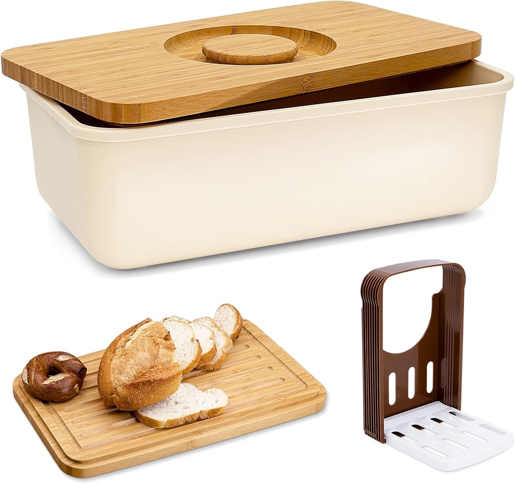 Bread Box With Bamboo Wood Cutting Board Lid & Bread Slicer Holder, Rectangular Cream Color Bread Container For Kitchen Countertop, 14.8 x 8.4 x 5.3in, Bread Storage Container