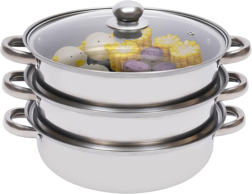 3 Tier Stainless Steel Steamer, Steaming Pot Cookware with Handle, Large Capacity Multi-Pot, Food Steamer for Cooking Gravies, Pasta, Vegetable and More (12.8 * 9.84in)