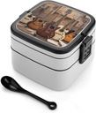 Collection Guitar Bento Box with Spoon, 2-layer Stackable Lunch Box Leak Proof with Invisible Handle, Insulated Food Storage for Office, Picnic & Travel