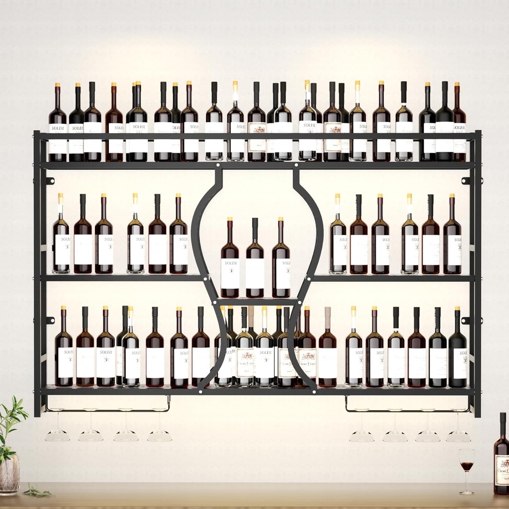 55.1in Wall Mounted Wine Rack,3-Tiers Metal Wine Rack Bar Shelves with Wine Glass Holder,Modern Industrial Hanging Liquor Bottles Shelves for Kitchen Dining Room Bar Decoration (55.1x35.5x7)