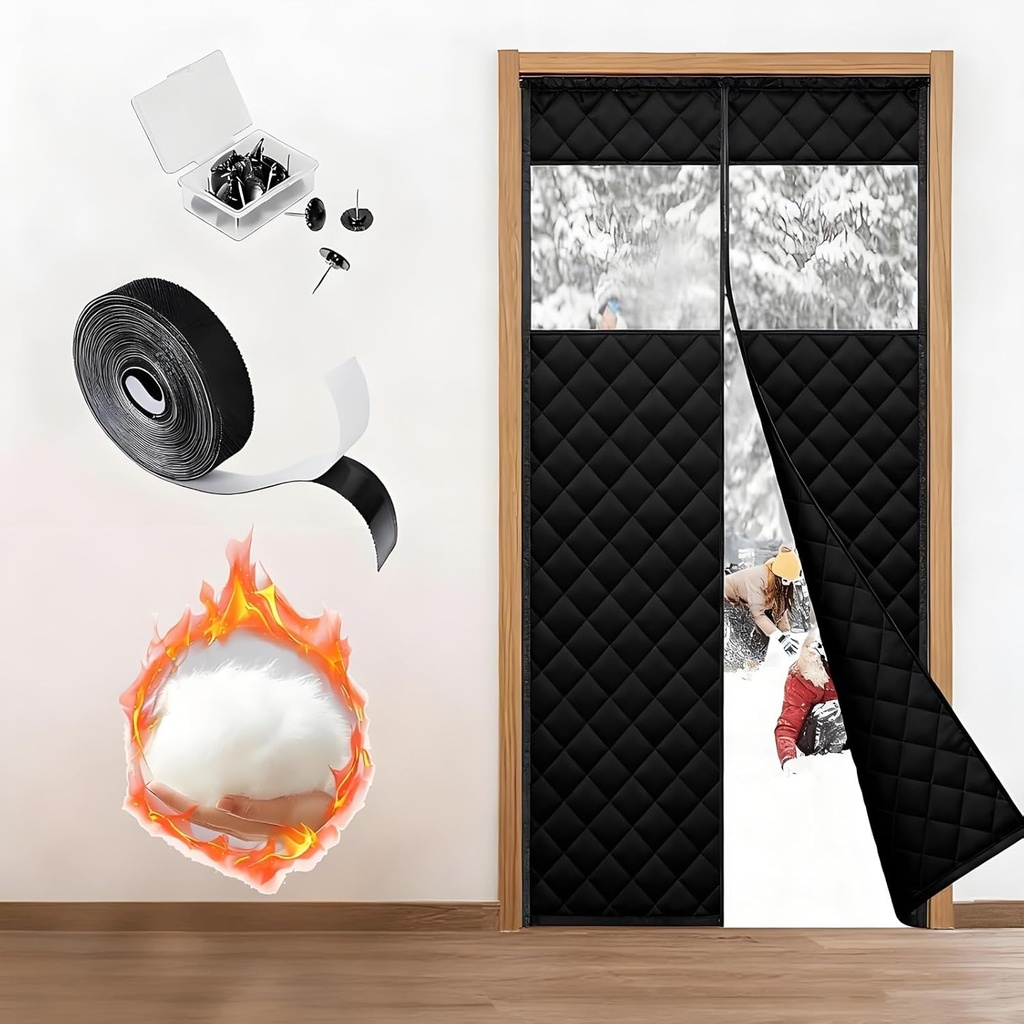 Magnetic Insulated Door Curtain for Wintern 26 to 96 Inch, Cotton Thermal Screen Door Cover with Clear Window and Auto Closure, Draft Stopper Interior Exterior Temporary Doors(Black,45x88)