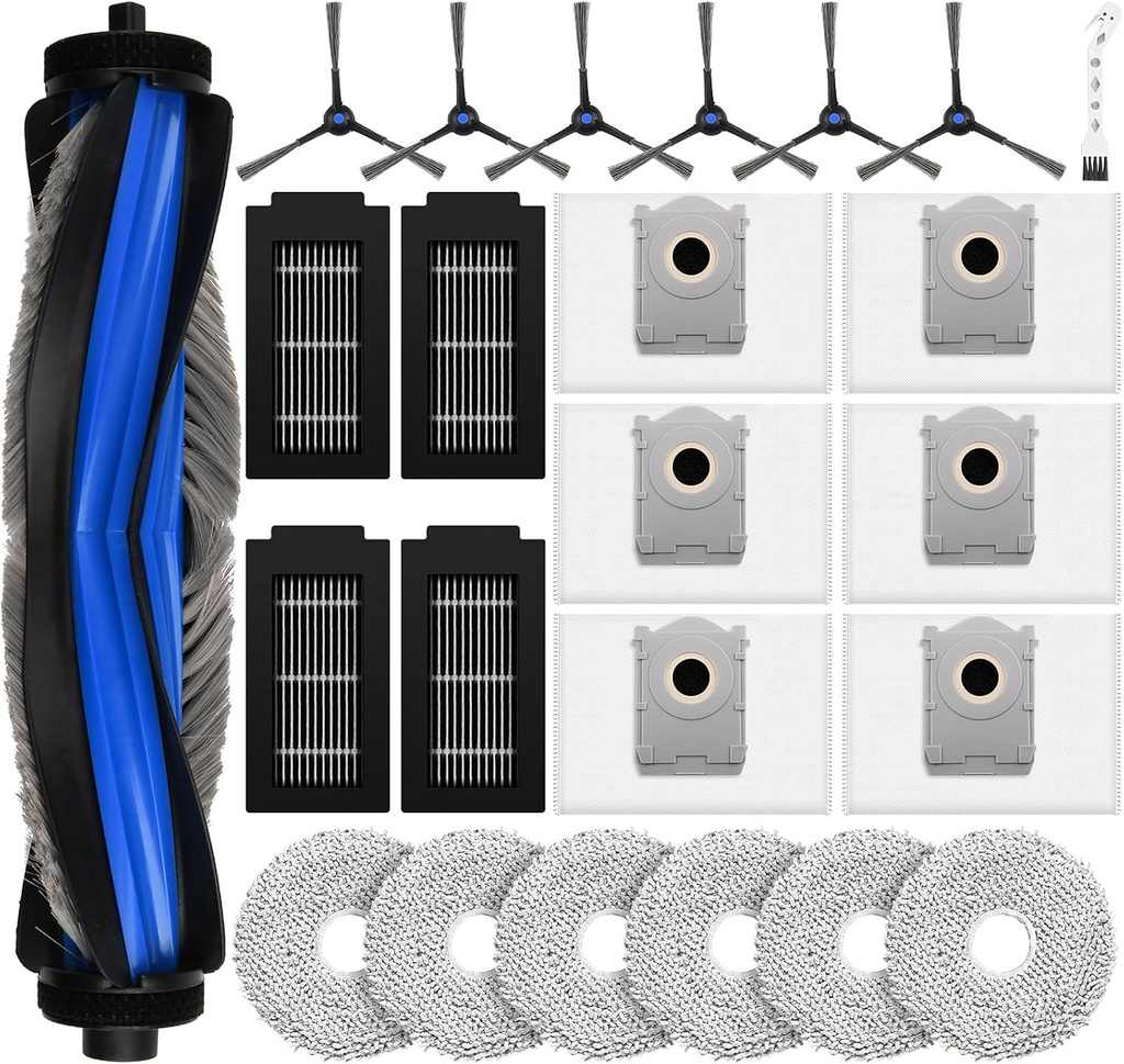 24 Pcs Replacement Parts for Ecovacs Deebot T50 Pro Omni / T50 Pro Omni Gen2 / T50 Omni Robot Vacuum, Include 1 Main Brush, 6 Dust Bags, 4 Filters, 6 Side Brushes, 6 Mop Pads and 1 Cleaning Tool