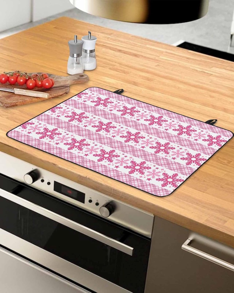 Winter Countertop Burners Protection Mats for Kitchen, Snowflake Christmas Pink Check Rubber Stove Top Cover Mat, Heat Proof Mats Cooktop Cover for Counter Dish Drying Mat, 36"x21"