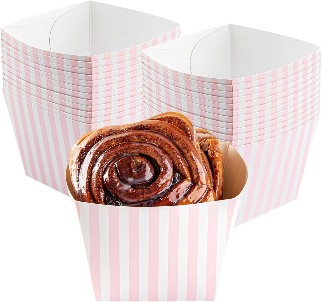 Restaurantware-Bio Tek 4.3 x 4.3 x 3.2 Inch Snack Boxes, 200 PE Coating Treat Boxes - Sturdy, Disposable, Pink And White Paper French Fry Box, Open Top, Striped Design