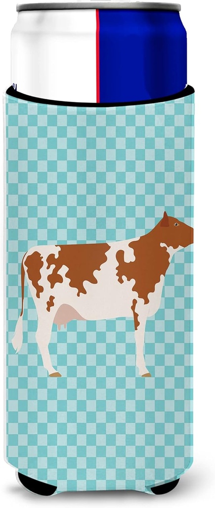 Caroline's Treasures Ayrshire Cow Blue Check Decorative Hugger, Slim Can, Multicolor